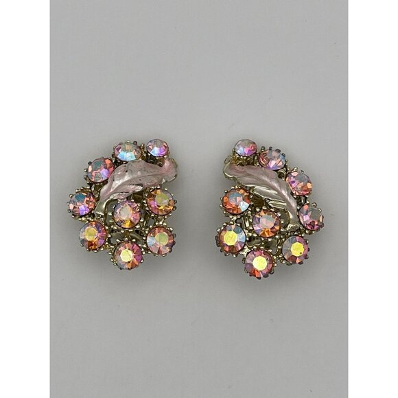 Aurora Borealis Flower Gold Tone Leaf Clip Earrings Necklace Set - Picture 5 of 16